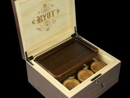 RYOT LOCK-R Box with Walnut Rolling Tray and 3 Storage Jars For Sale